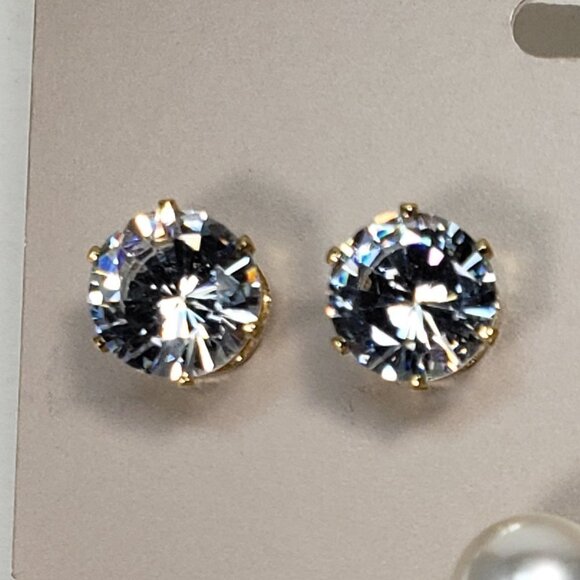 3-Pair Gold-Tone CZ Stud Earrings – Crystal, Faux Pearl, Black – Hypoallergenic - Picture 5 of 9